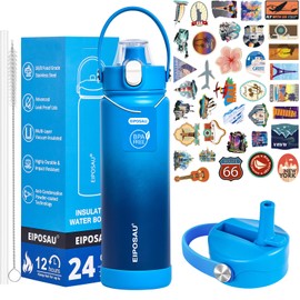 EIPOSAU Insulated Water Bottle with Lid & Boot & Stickers, 24 oz Stainless Steel Sweat Free Bottle Keep Cold 24H, BPA-Free Sports Wide Mouth Water Bottle, Blue Gradient