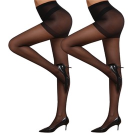 WAJIAFAR Black Sheer Tights 20D Control Top Pantyhose with Reinforced Toes Run Resistant 2 Pairs (2Black, L)