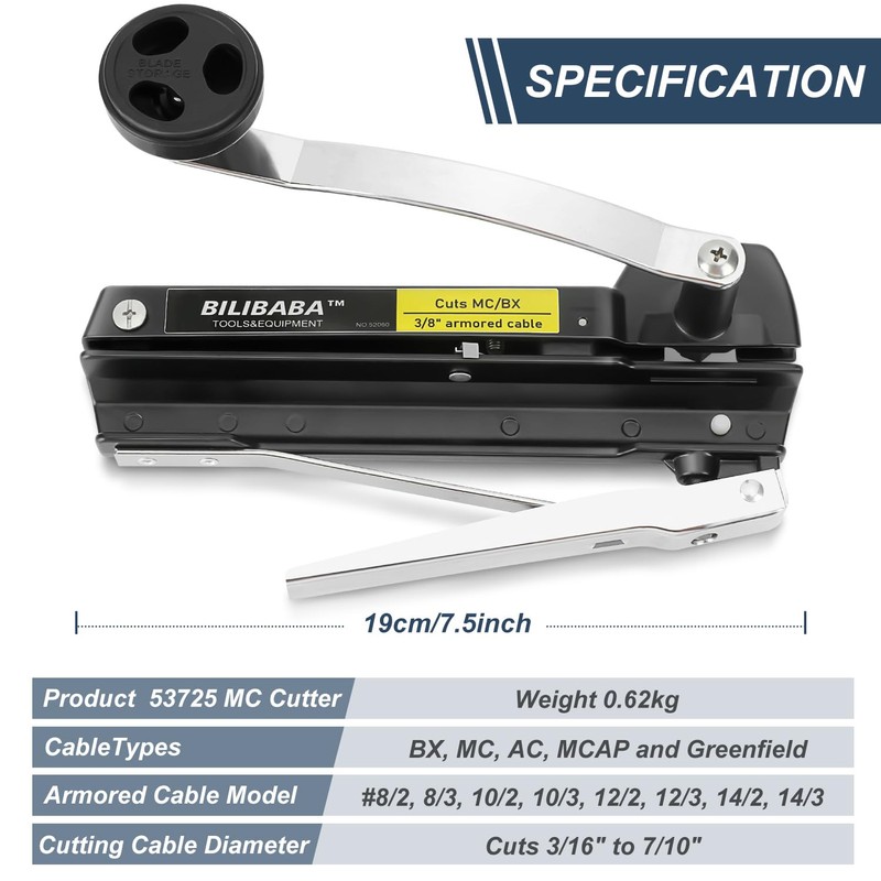 MC Cable Cutter, Cuts 3/16" to 7/10" BX/MC Cable, 53725