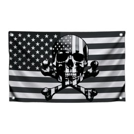 3x5 Ft American Skull Polyester Flags with 4 Brass Grommets - Pirate USA Flag or US Black Boat Single Sided Flags or Banners Man Cave Skull Bones Fun - Military Flag for Garden Yard Lawn Patio House