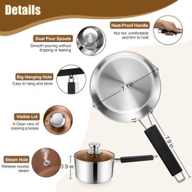 E-far 3 Quart Sauce Pan with Lid, Stainless Steel Tri-Ply All Clad Small Cooking Pot with Pour Spout, Multipurpose Induction Saucepan & Stay-Cool Handle, Compatible with All Cooktops, Dishwasher Safe