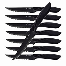 HISSF Steak Knives Set of 8, Black Serrated Stainless Steel Sharp Blade Flatware Steak Knife Set, 4.5 Inches ,Non stick coating for Anti-rusting, for Restaurant Tableware Kitchen Camping