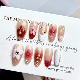 Handmade Press on Nails Medium Almond False Nails with 5D Pearl Flower Design Rhinestone Starfish Stick on Nails Glossy Ombre Red French Tip Glue on Nails Ocean Fake Nails for Women Manicure 30Pcs