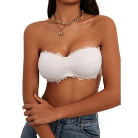 Luna & Sun Women's Strapless Lace Bandeau Padded Tube Top Bralette, with Back Hook and Eye Closure (White, Medium)