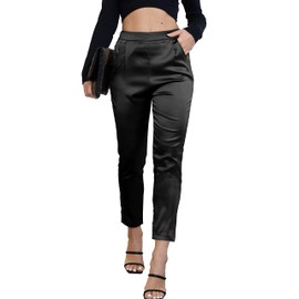 Women's Satin Silky Pants Dress Casual Pull on High Waist Pants with Pockets Drapeblack X-Large