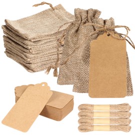 100 Pcs Burlap Gift Bags With Drawstring, 3 x4 inch Small Burlap Sacks with 100 Pcs Kraft Paper Gift Tags & Strings, Drawstring Favor Bags, Reusable Linen Jewelry Pouches for Wedding Party Gift Wrapping