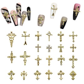 Yudisho 22 piezas de adornos de uñas en forma de cruz de oro 3D Y2K para uñas metálicas, punk, góticas, decoración de uñas (22 estilos)