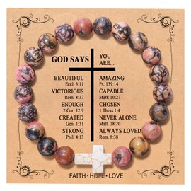 Christian Cross Bracelet God Says You are Beautiful Cross Bracelet for Women Faith Religious Easter Catholic Christian Jewelry Meaningful Communion Baptism Natural Beads Bracelets Red Nature Stone