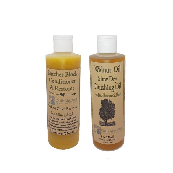 Chalk Mountain Brushes 8oz Walnut Oil Finisher and 8oz Butcher Block Oil Conditioner. 2 Pack