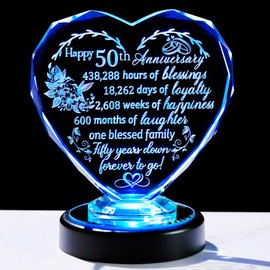 50th Wedding Anniversary Crystal Heart Gifts for Parents Friends, Crystal Engraved Happy 50 Years Anniversary with LED Light Base Golden 50th Wedding Anniversary Presents for Women Wife Husband