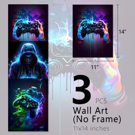 Aroutde 3Pcs Cool Gaming Canvas Wall Art Retro Video Game Watercolor Picture for Gamer Room Decor Colorful Neon Gamepad Painting for Boys Bedroom Game Room Wall Decor 11x14inch Unframed