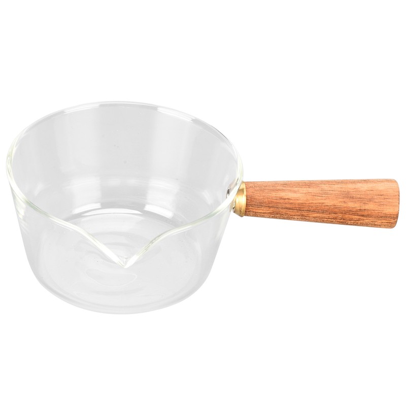 Glass Milk Pot with Wooden Handle V Shaped Spout Noodles