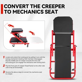 Auto Dynasty 40" Z-Creeper Seat, 2-in-1 Foldable Garage Creeper Shop Seat, 330 LBS Capacity Automotive Mechanic Repair Under Car Rolling Creeper Seat, Red