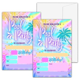Pool Party Birthday Invitations For Girls Boys, Tie Dye Birthday Party Invitations, Birthday Party Fill In Invitation Cards, Summer Birthday Party Favor Supplies (20 Invites With 20 Envelopes) -A08