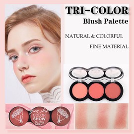 Blushers For Cheeks Make Up, Tricolor Blush Palette with Fiber Brush, Natural-Looking & Long-Lasting Contour Palette, Nude Fine Blush for Women, Skin-friendly Blends Easily Powder Blush