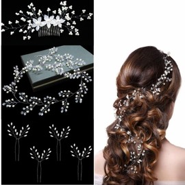 Jindizi Wedding Hair Accessories for Brides, 6 Pcs Bridal Hair Accessories Include 1 Rhinestone Hair Comb 1 Extra Long Pearl Bridal Hair Vine and 4 V-shaped Pearl Hair Accessories Silver Hair Jewelry