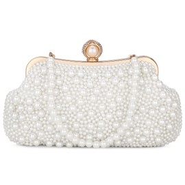 UBORSE Women Pearl Clutch Bag Noble Crystal Beaded Evening Bag Wedding White Clutch with Pearl Chain