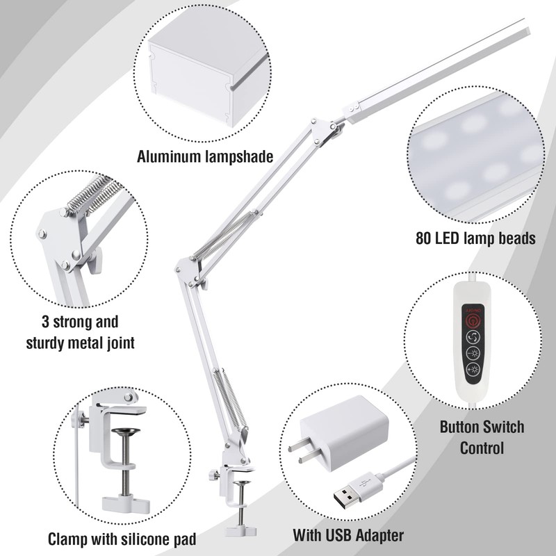 TROPICALTREE LED Desk Lamp, Swing Arm Desk Light with Clamp,