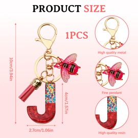 ORUZA Alphabet Initial Letter Keychain, Red Sequin Initial Letter Keyring with Bees Tassel Pendant Resin Alphabet Key Ring for Women Wallet Purses (J)