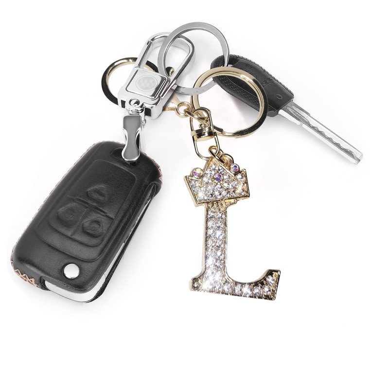 Gold Metal Initial Letter Keyring with Rhinestone Crystals - A-Z