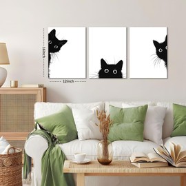 AOYUSMO 3 Piece Black Cat Canvas Wall Art Funny Animal Wall Art for Nursery Cute Picture Decor Minimalist Black And White Modern Prints for Children's Room Bedroom 12"x16" Framed
