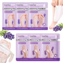 Pack of 3 Foot Masks + 3 Pieces Hand Mask, Foot Mask, Callus Socks, Callus Remover Socks, Skin Smooth Power, Lactic Acid Foot Exfoliating Mask, Natural & Gentle Foot Care (Lavender)