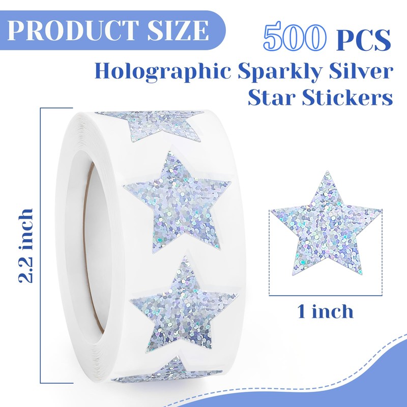 500 PCS Holographic Sparkly Silver Star Stickers, 1 inch Self