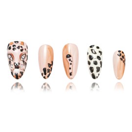 FORBELOVED NAILS|Nude Hand-pained Leopard Handmade Press On Nails|Medium Almond Stick On Nails|Charming 3D Texture Tails False Nails For Women And Girls|10Pcs/Set With Glue|(Nude-S)|FOB
