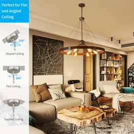 XINGQI Wagon Wheel Chandelier Modern Rustic Large Round 6-Lights Nickel & Wood Grain Finish Retro Ceiling Pendant Light Fixture for Dining Room Living Room