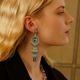 Vintage Jhumka Jhumki Tassel Drop Dangle Indian Ethnic Beaded Balls Bell Statement Oxidized Antique Traditional Earrings for Women Girls CZ Wedding Party Festival Bohemian Jewelry Gift (Green)