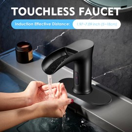 CDLODIN Automatic Sensor Touchless Waterfall Bathroom Sink Faucet, Modern Electronic Sensor Lavatory Faucet, Matte Black Hands Free Vanity Faucets with Control Box and Temperature Mixer