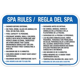 Spa Rules Sign, Bilingual English Spanish, 12x18 Inches, Rust Free .063 Aluminum, Fade Resistant, Made in USA