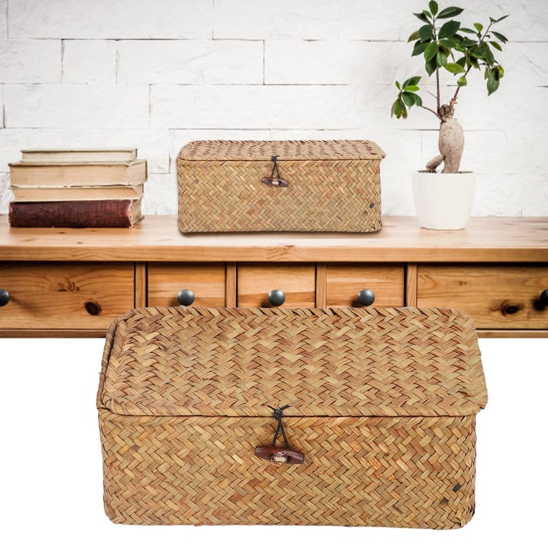 Leopacat Rectangular Seagrass Basket, Woven Storage Box, Wicker Baskets with
