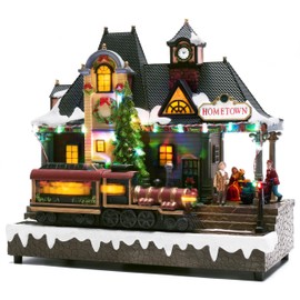 Valery Madelyn Christmas Village House Decorations, Battery Operated Train Station with Music, LED Lights and Moving Train, for Christmas Home Gift Decor, Vintage Christmas Hometown, 11.6 Inch