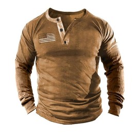 Mens Vintage Henley Shirts Relaxed Fit Patriotic Shirts Long Sleeve Button Down Washed T-Shirts