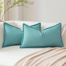 Artscope Pack of 2 Turquoise Decorative Cushion Covers 12x20 Inch Soft Linen Texture Couch Throw Pillows Farmhouse Pillow Covers with Elegant Design for Sofa Bedroom Living Room Home Decor 30 x 50 CM
