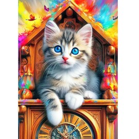 Lxmsja 5D Cat Clock Colorful Diamonds Painting Kits for Adults, DIY Diamond Art Kits, Full Round Drill Diamonds Dots Gem Art Kits, Home Wall Decor 12x16inch