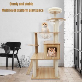 AGULIUM 55'' Tall Cat Tree, Modern Cat Tree Tower for Indoor Cats, 5-Tier Cat Climbing Tower with Space Capsules Hammock, Scratching Post and Staircase for Small Large Cats, Cat Condo