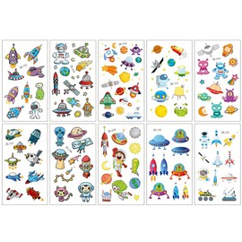 CCAIPU Temporary Tattoo for Kids, 10 Sheets Car | Dinosaur | Animal Tattoo Stickers, Waterproof Cartoon Fake Tattoo Sticker Set (10 - Space)