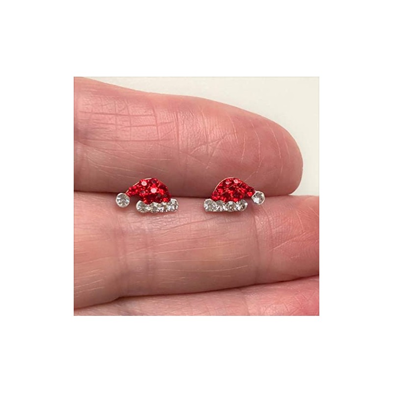 Sterling Silver Santa Earrings - Christmas Hat with Sparkly Crystal