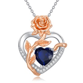 OCJ September Birthstone Sapphire Necklace for Women Gifts for Her 925 Sterling Silver Rose Flower Heart Pendant Necklace Anniversary Birthday Jewelry Gifts for Wife Girlfriend