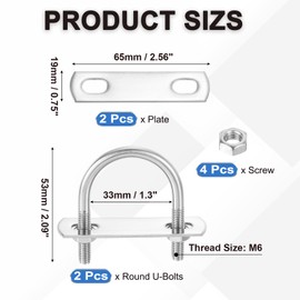 PATIKIL Round U-Bolts, 2 Pcs 1.3"(33mm) Inner Width 53mm Length M6 with Nut Plate Washer 304 Stainless Steel Round Bend U-Bolts for Boat Trailer Axle Sailboat
