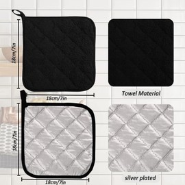 5 Pack Terry Cloth Pot Holders for Kitchen Heat Resistant, 7 x 7 Inch Insulated Oven Square Hot Pads, Potholders Sets for Kitchen Cooking and Baking (Black)