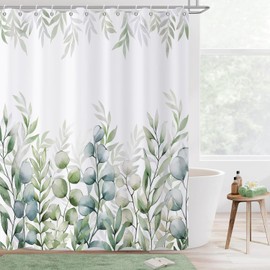Caheansi Sage Green Leaf Shower Curtain, Spring Sage Green and Blue Watercolor Eucalyptus Leaves Botanical Plants Bathroom Curtain Waterproof Fabric Machine Washable with Hooks, 72" Wx72 L