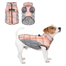 BEAUTYZOO Dog Winter Coat with Harness Built in, Reflective Plaid Puffer Vest Waterproof for Small Dogs, Fleece Warm Puppy Zipped Jacket with D Ring, Pet Cold Weather Sweater Clothes, Brown S