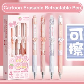 MOZXIRZ 4 Pcs Erasable Gel Pens Cute Pink Retractable Pens Cartoon Heart Erasable Pen 0.5mm Blue Ink Kawaii Writing Pen for Women Girls Boys Office School Supplies (Heart-Blue Ink)