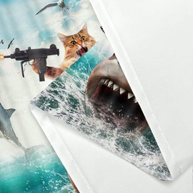 Funny Cat Shower Curtain for Bathroom, Cat Shower Curtains for Boys, Funky Cat Riding Shark Fighting on Blue Ocean Fabric Waterproof Shower Curtain Sets with Hooks,Navy Blue Beach Theme Curtains