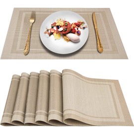DACHUI Placemats Set of 6, Linen Look Woven Place Mats, Water Resistant, Heat Resistant, Washable, Durable Table Mats (Beige)