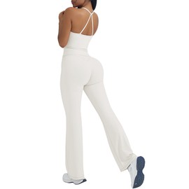 OMKAGI 2 Piece Workout Sets for Women Padded Tank Tops Flare Leggings Pilates Outfits(XS,449-Apricot)