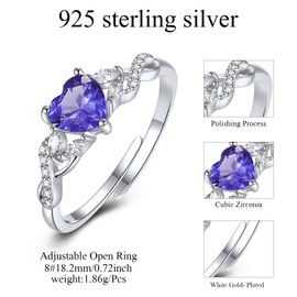 CRYSLOVE Birthstone Ring 925 Sterling Silver Adjustable Open Heart Gemstone Ring Engagement Wedding Promise Infinity Ring Jewelry Gifts for Women Wife Grandma